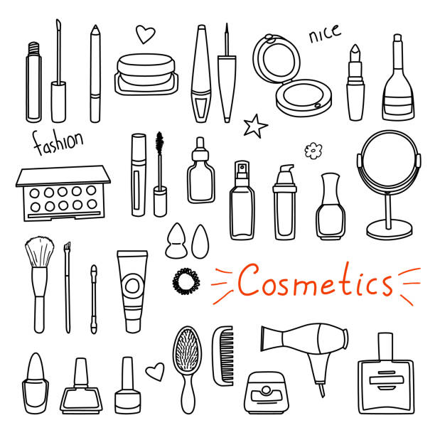 Set of hand drawn women accessories. Cosmetics Set of hand drawn women accessories. Cosmetics. Black and white doodle illustration. cartoon of the clothes line stock illustrations