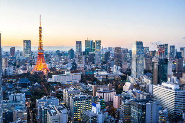 vista aérea del horizonte panorámica urbana de la ciudad de la torre de tokio bajo noche de cielo y neón de crepúsculo en hamamatsucho, tokio, japón - hamamatsucho fotografías e imágenes de stock