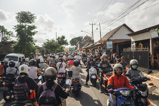 Ubud. Bali, Indonesia - February 02, 2018: Traffic jam in Ubud, Bali