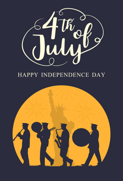 ilustrações de stock, clip art, desenhos animados e ícones de silhouette marching band parade with liberty statue as a background with text 4th july, vector - marching band