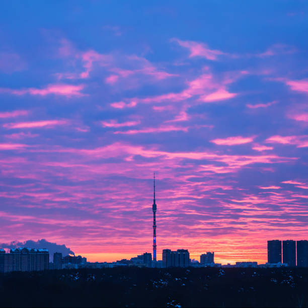 A beautiful sunset over the city of Berlin, Germany with lights foreground