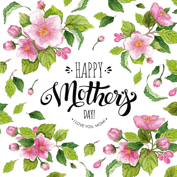 Happy Mother's Day card with apple flowers Happy Mother's Day card with elegant lettering. Floral frame with apple flowers around inscription. Happy Mother's Day watercolor illustration apple blossom stock illustrations