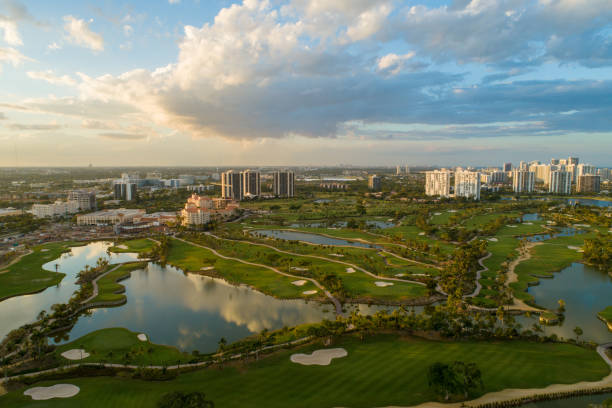 istock Aerial golf course landscape shot at dusk 946543084
