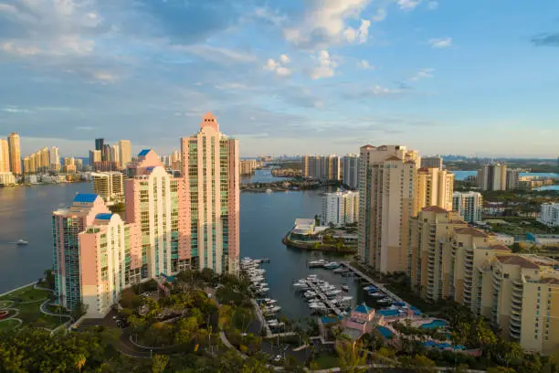 Aerial image of South Florida USA buildings on water with boat marina