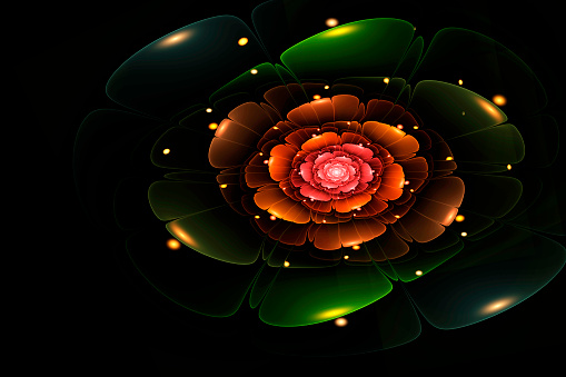 Abstract fractal glowing flower on a black background. 3d