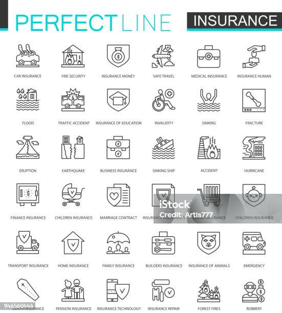 Insurance Thin Line Web Icons Set Car House Health Life Insurance Outline Stroke Icons Design Stock Illustration - Download Image Now