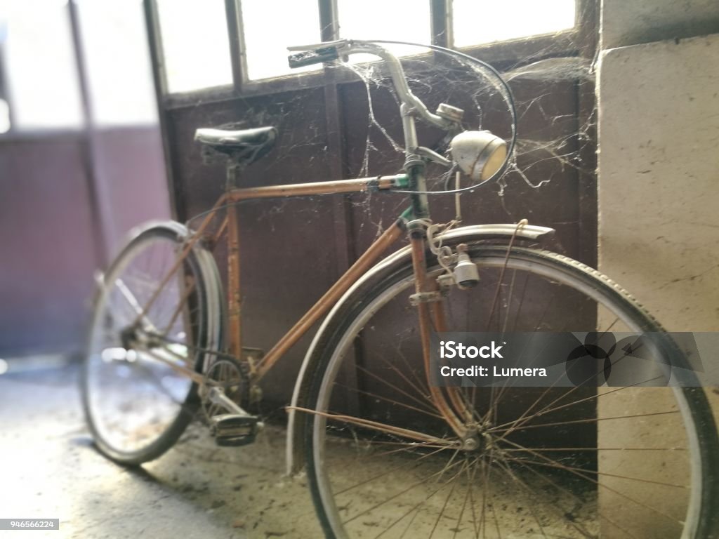 Old bicycle covered with spiderweb Vintage old bicycle left in the garage and covered with spiderweb Garage Stock Photo