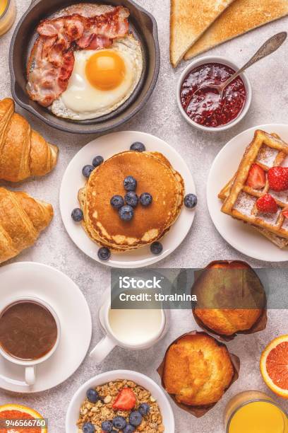 Delicious Breakfast On A Light Table Stock Photo - Download Image Now - Baked Pastry Item, Bakery, Banana