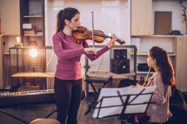 istock Cute girl teaching to play violin 946567430