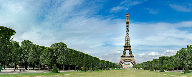 Amazing panorama of Eiffel Tower on Champs de Mars in Paris, France, no people, travel background pano