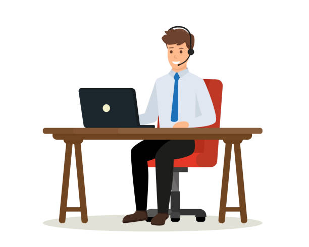 Operator of call center office consulting a client. Happy office worker sitting at desk with laptop computer. Online customer service concept. Vector isolated illustration. Operator of call center office consulting a client. desk clipart stock illustrations