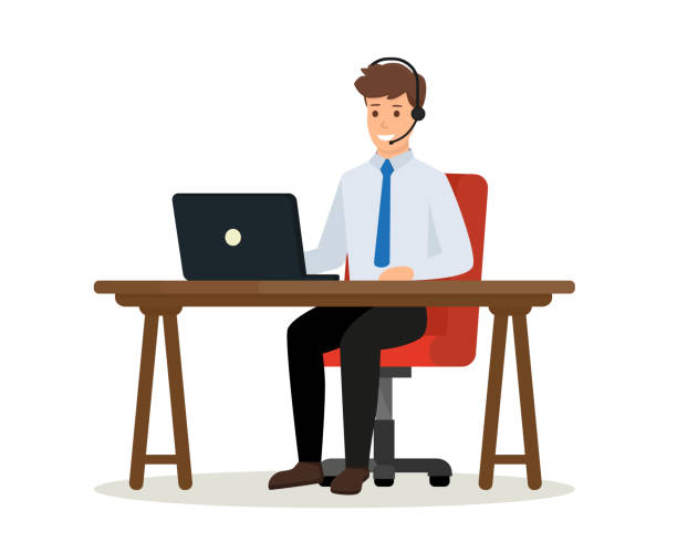 Operator of call center office consulting a client. Happy office worker sitting at desk with laptop computer. Online customer service concept. Vector isolated illustration. Operator of call center office consulting a client. support clipart stock illustrations