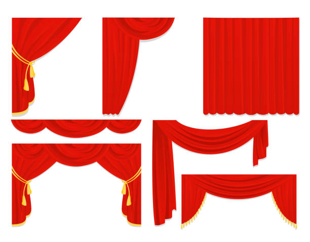 illustrazioni stock, clip art, cartoni animati e icone di tendenza di illustrazione vettoriale set di tende di seta rossa, drappeggi di velluto, design di decorazione d'interni isolato su colore bianco in design piatto. - curtain