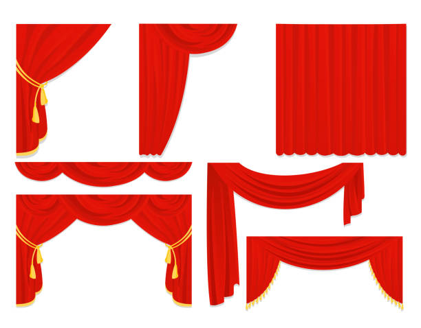 ilustrações de stock, clip art, desenhos animados e ícones de vector illustration set of red silk curtains, velvet draperies, interior decoration design isolated on white color in flat design. - musical theater illustrations