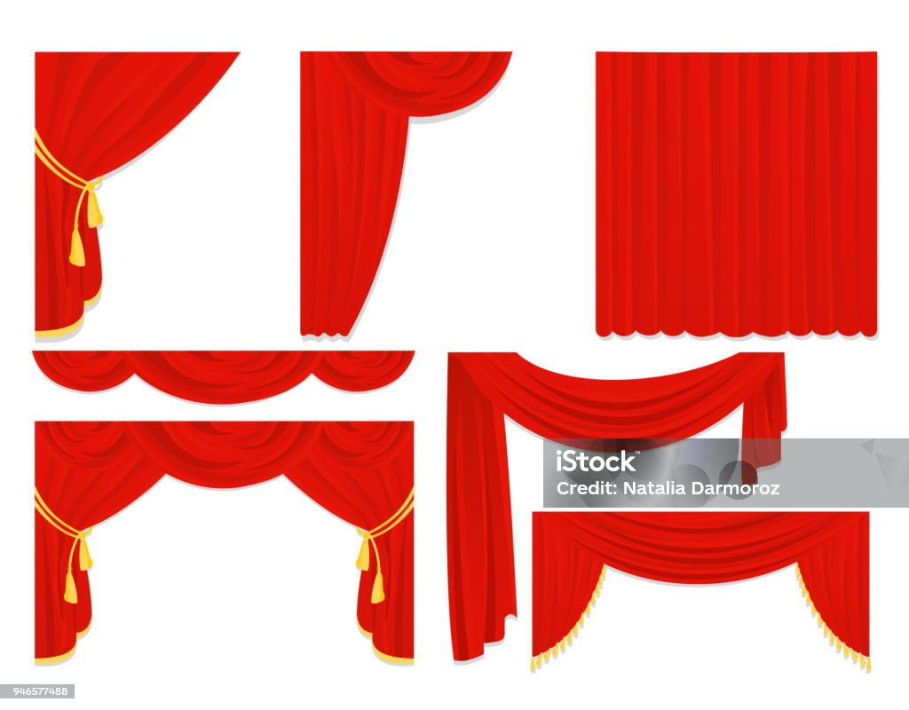 Vector illustration set of red silk curtains, velvet draperies, interior decoration design isolated on white color in flat design. Vector illustration set of red silk curtains, velvet draperies, interior decoration design isolated on white color in flat design Curtain stock vector