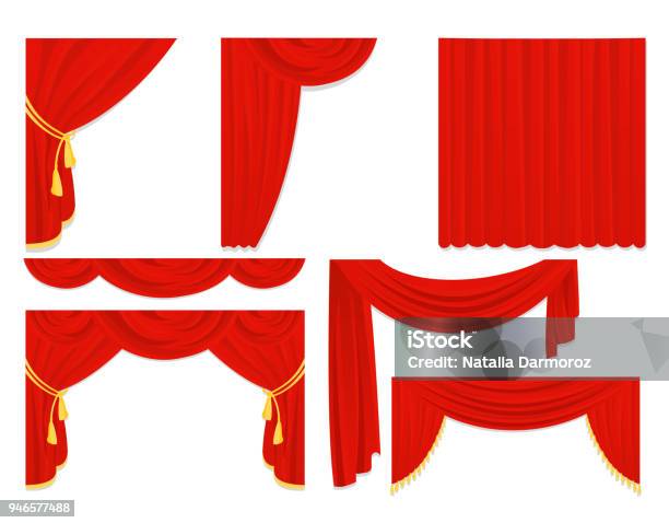 Vector Illustration Set Of Red Silk Curtains Velvet Draperies Interior Decoration Design Isolated On White Color In Flat Design Stock Illustration - Download Image Now