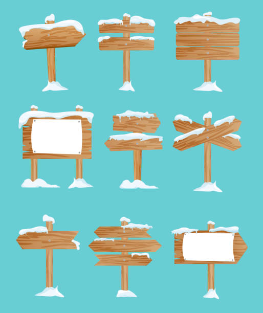 ilustrações, clipart, desenhos animados e ícones de vector conjunto de ilustração de placas de madeira na coleção de ponteiros, neve, inverno, neve em estilo simples. - wood pole