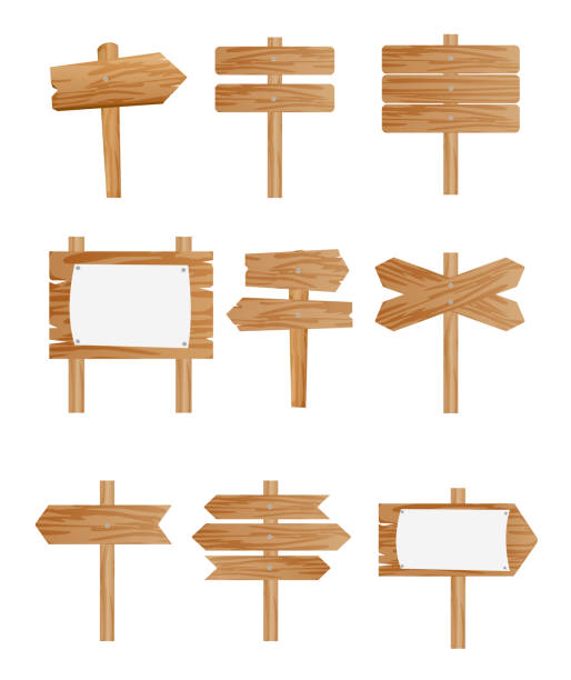 векторный иллюстрационный набор различных деревянных дорожных знаков, коллекция указателей на белом фоне в плоском стиле. - знак иллюстрации stock illustrations