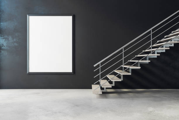 istock Modern interior with stairs and banner 946582588