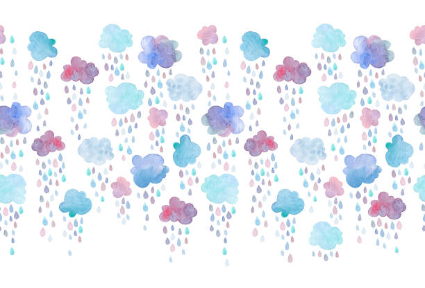 nahtloses muster mit hand bemalt wolken und regentropfen. bunte aquarell abbildung isoliert auf weißem hintergrund. - rain cute falling water raindrop stock-grafiken, -clipart, -cartoons und -symbole