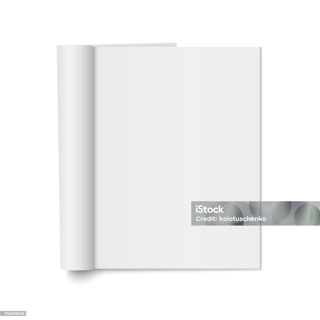 Vector mock up of realistic magazine Vector mock up of realistic magazine with curled paperback isolated. Opened vertical booklet, brochure, menu or notebook template on white background. 3d illustration for your design Magazine - Publication stock vector