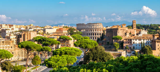 rome skyline with colosseum and roman forum, italy - rome ancient rome skyline ancient imagens e fotografias de stock