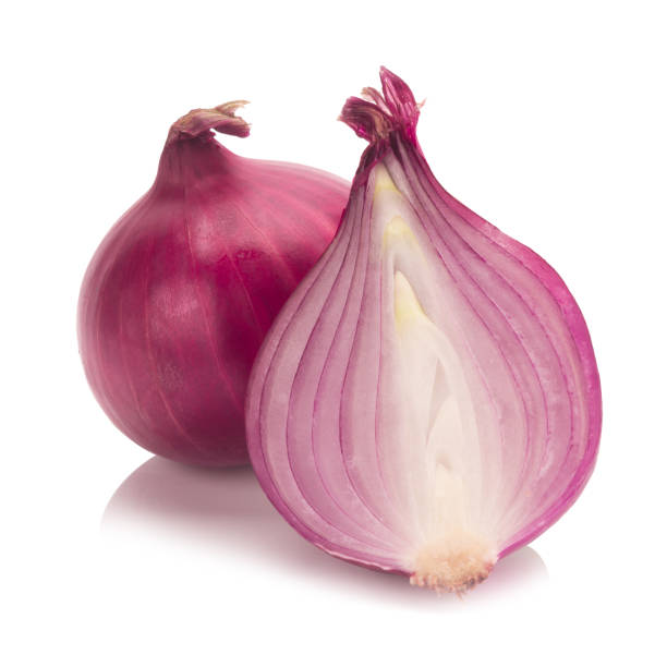 istock Red sliced onion isolated on white background 946603534