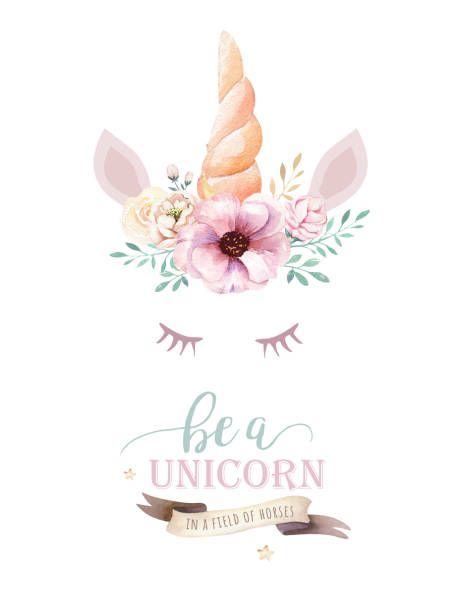 Isolated cute watercolor unicorn clipart with flowers. Nursery unicorns illustration. Princess rainbow poster. Trendy pink cartoon pony horse. Isolated cute watercolor unicorn clipart. Nursery unicorns illustration. Princess rainbow poster. Trendy pink cartoon pony horse. unicorn face stock illustrations