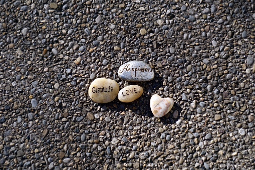 Words of Feeling printed on Rocks on pebbled surface