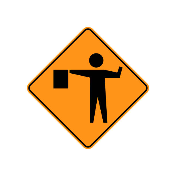 미국 교통도로 표지판 flagger는 제어도로 사용자에 게 계속 주둔 하 고 있다. 벡터 일러스트 레이 션 - boulevard stock illustrations