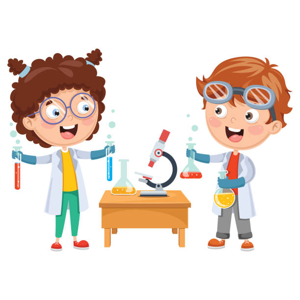 ilustraciones, imágenes clip art, dibujos animados e iconos de stock de ilustraciones vectoriales de niños lección de química - little boys measuring expressing positivity intelligence