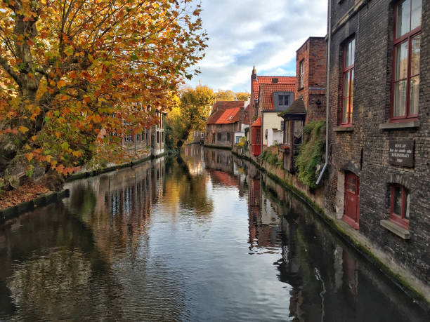 canal de bruges, rodeado por casas históricas na bélgica - bruges cityscape europe autumn - fotografias e filmes do acervo