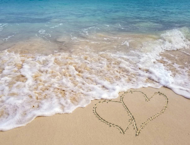 istock hearts in beach sand with surf 946631594