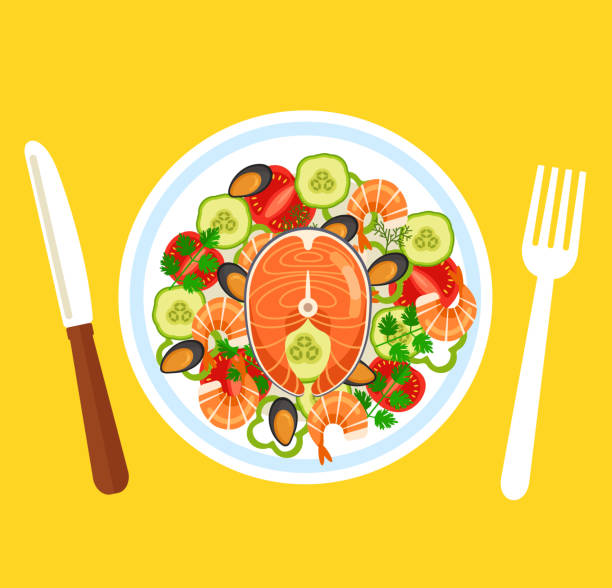 Fresh salad dish with red fish salmon shrimp mussels and vegetables. Sea food top view concept. Vector flat graphic design isolated icon element illustration Fresh salad with red fish salmon shrimp mussels and vegetables. Sea food top view concept. Vector flat graphic design isolated icon element shrimp prepared shrimp prawn cartoon stock illustrations