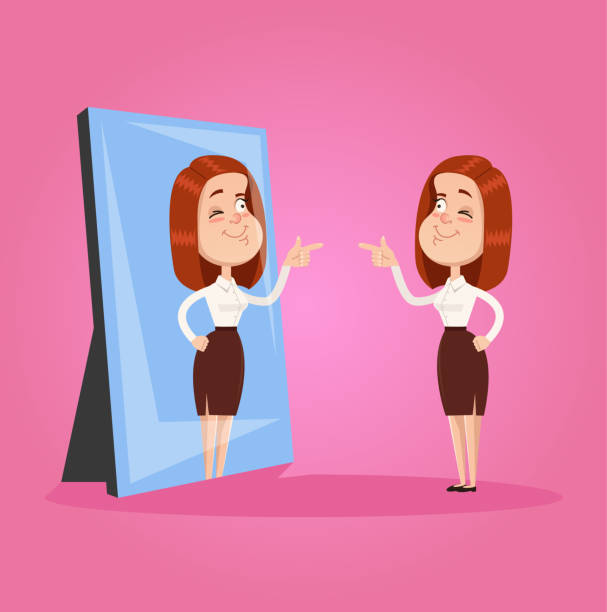 ilustrações de stock, clip art, desenhos animados e ícones de happy smiling narcissistic egoistic business woman office worker character looks at mirror and pointing finger to reflection. self support cheer up motivation concept. vector flat graphic design isolated element illustration - mirror reflection men individuality