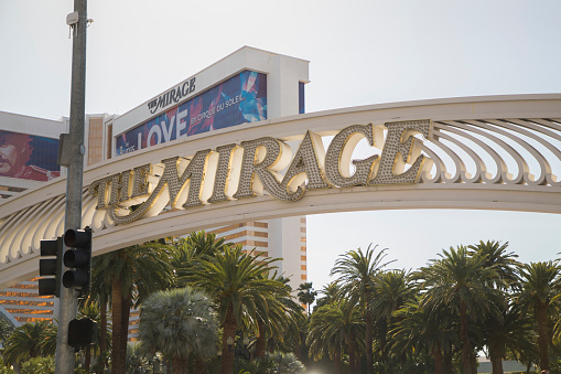 An editorial stock photo of the Mirage hotel and Casino in Las Vegas, NV.