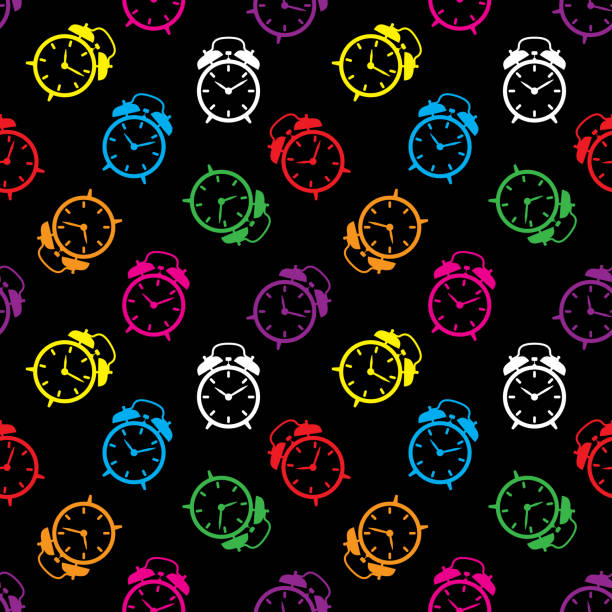 Alarm Clock Pattern Colorful Vector illustration of colorful alarm clocks in a repeating pattern against a black background. clock patterns stock illustrations