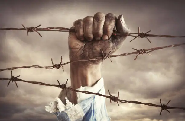 Photo of Hand of refugee holding barbed wire