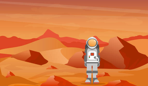istock Vector illustration astronaut in a spacesuit on Mars or another planet with prcky desert landscape. 946650400