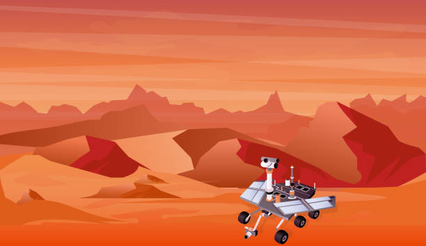 Vector illustration of Mars planet landscape and space exploration machine, space technology in flat style. Vector illustration of Mars planet landscape and space exploration machine, space technology in flat style colonies map stock illustrations
