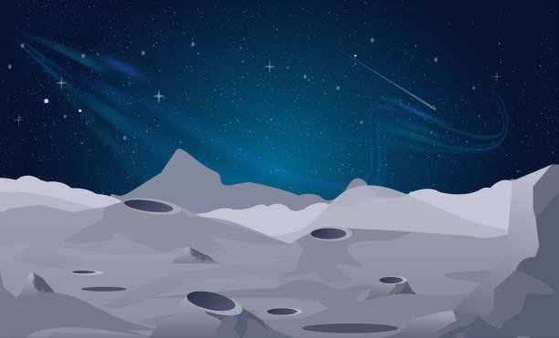 ilustraciones, imágenes clip art, dibujos animados e iconos de stock de ilustración de vector de fondo de paisaje de la luna con el cielo de la noche hermosa. - cráter