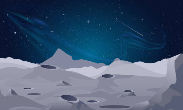 illustrazioni stock, clip art, cartoni animati e icone di tendenza di illustrazione vettoriale dello sfondo del paesaggio lunare con un bellissimo cielo notturno. - cratere meteoritico