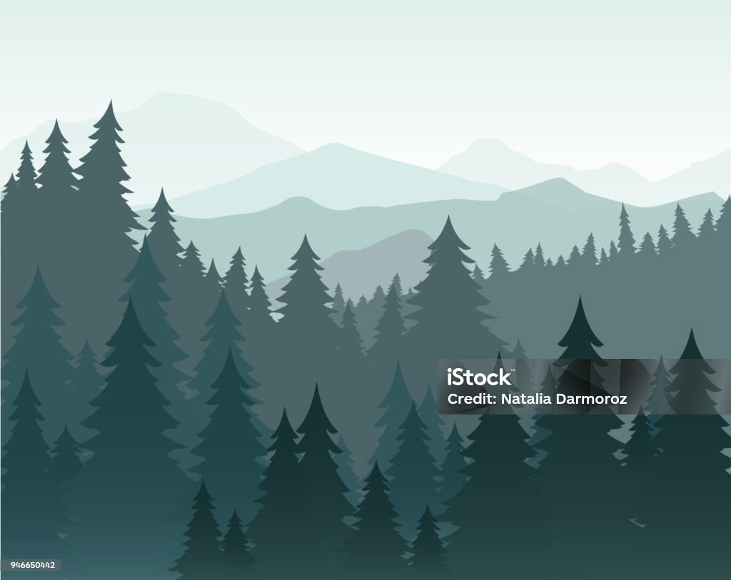 Vektor-Illustration der Kiefer-Wald und die Berge-Vektor-Hintergrund. Nadelwald, Tanne Silhouette und Berge im Nebel Landschaft. - Lizenzfrei Wald Vektorgrafik