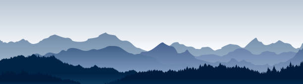 wektorowa ilustracja pięknego widoku panoramicznego. góry we mgle z lasem, poranne górskie tło, krajobraz. - horizon stock illustrations