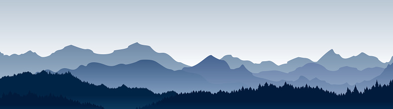 Vector illustration of beautiful panoramic view. Mountains in fog with forest, morning mountain background, landscape