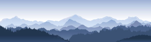 illustrazioni stock, clip art, cartoni animati e icone di tendenza di illustrazione vettoriale di un bellissimo paesaggio montano blu scuro con nebbia e foresta. alba e tramonto in montagna. - panoramic
