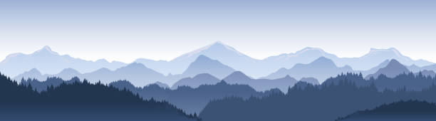 ilustrações, clipart, desenhos animados e ícones de ilustração em vetor de paisagem bela montanha azul escuro com nevoeiro e floresta. nascer e pôr do sol nas montanhas. - european alps mountain mountain peak rock