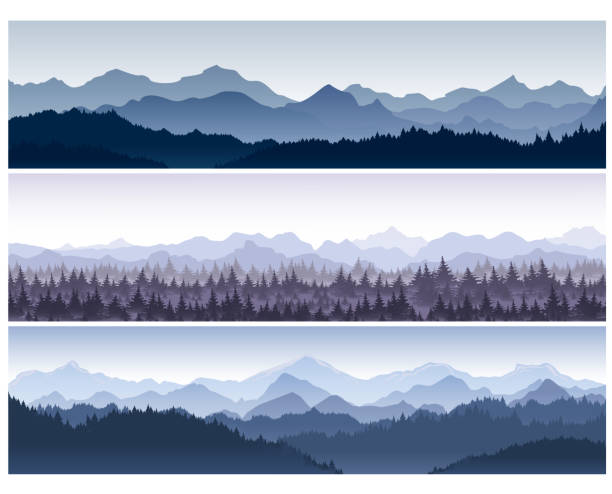 illustrazioni stock, clip art, cartoni animati e icone di tendenza di illustrazione vettoriale set di sfondi orizzontali con montagne selvagge della natura con foresta nella nebbia mattutina. - panoramic