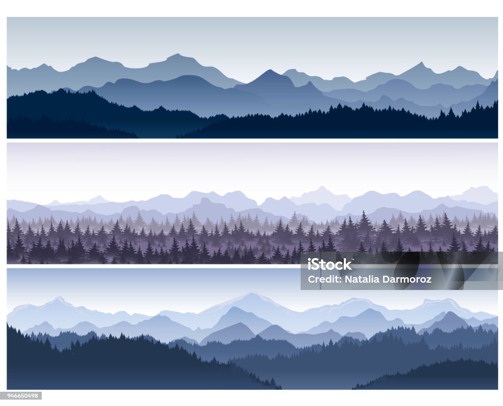 Vector illustration set of horizontal backgrounds with wild nature mountains with forest in morning fog. Vector illustration set of horizontal backgrounds with wild nature mountains with forest in morning fog Mountain stock vector