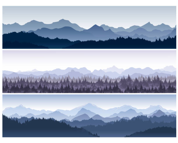 Vector illustration set of horizontal backgrounds with wild nature mountains with forest in morning fog. Vector illustration set of horizontal backgrounds with wild nature mountains with forest in morning fog panoramic stock illustrations